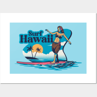 Surf Hawaii // Vintage Hawaiian Hula Dancer on a Surfboard Posters and Art